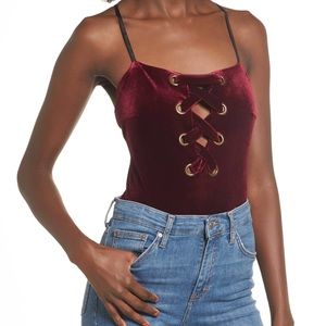 NWOT Lush Burgundy Lace Up Velvet Bodysuit